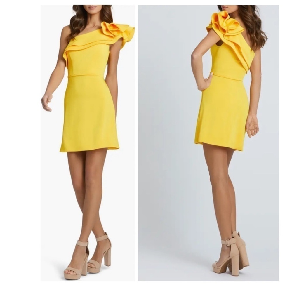 NWOT IEENA for Mac Duggal Ruffle One shoulder yellow mini dress sz 8